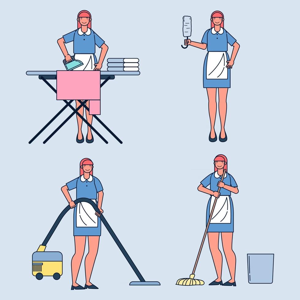 Set of affairs woman housewife. ironing, vacuums floor, mop the floor. vector