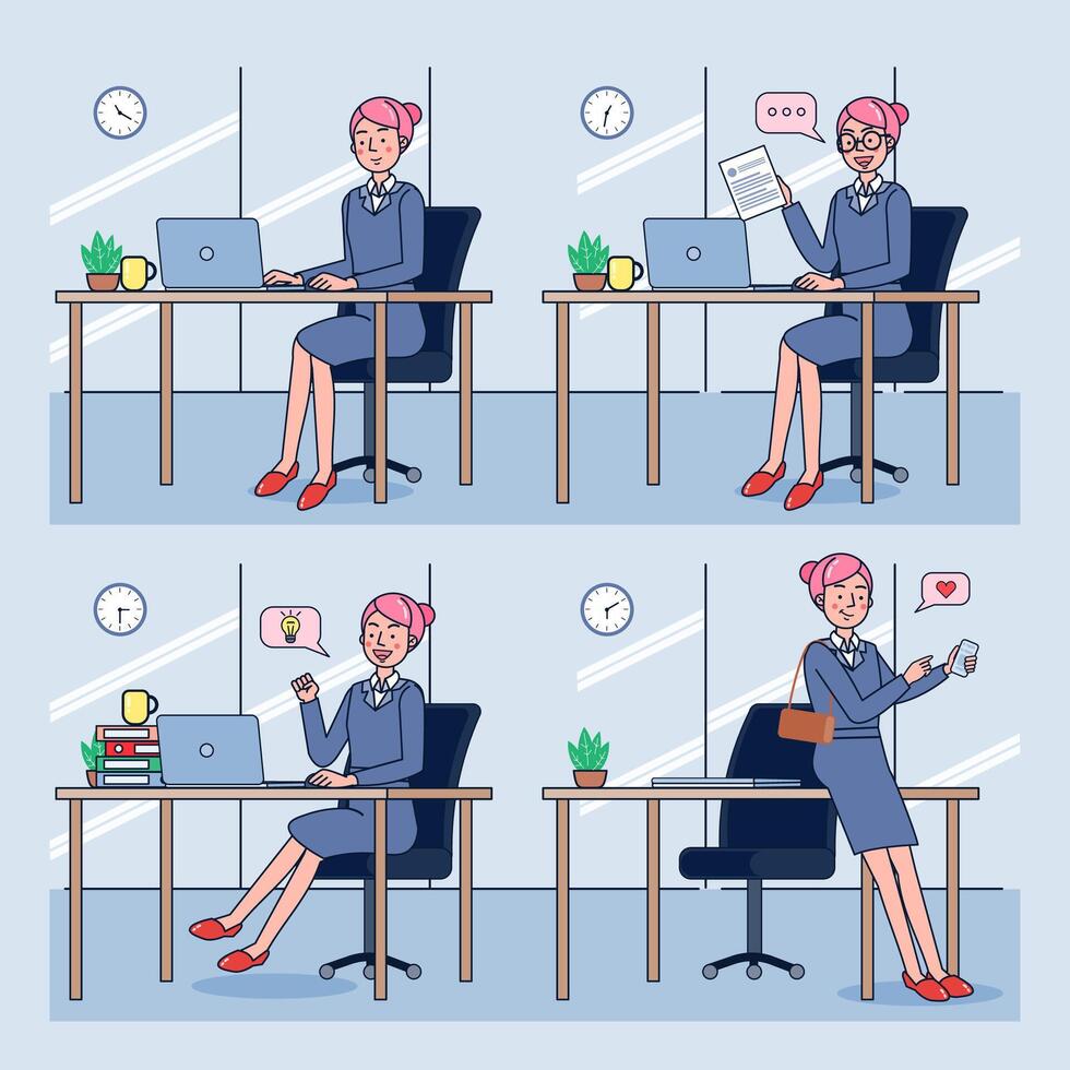 Business woman or a clerk working at her office desk. Office woman talking with various poses and hand gestures for business presentation. vector