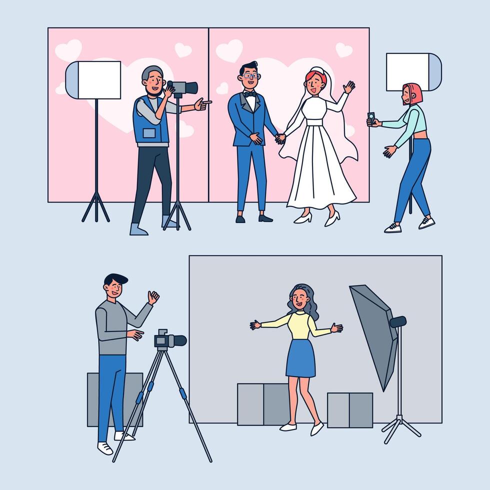 Photographic studio. Professional photographers work and shoot wedding in studio. Flat cartoon vector illustration.