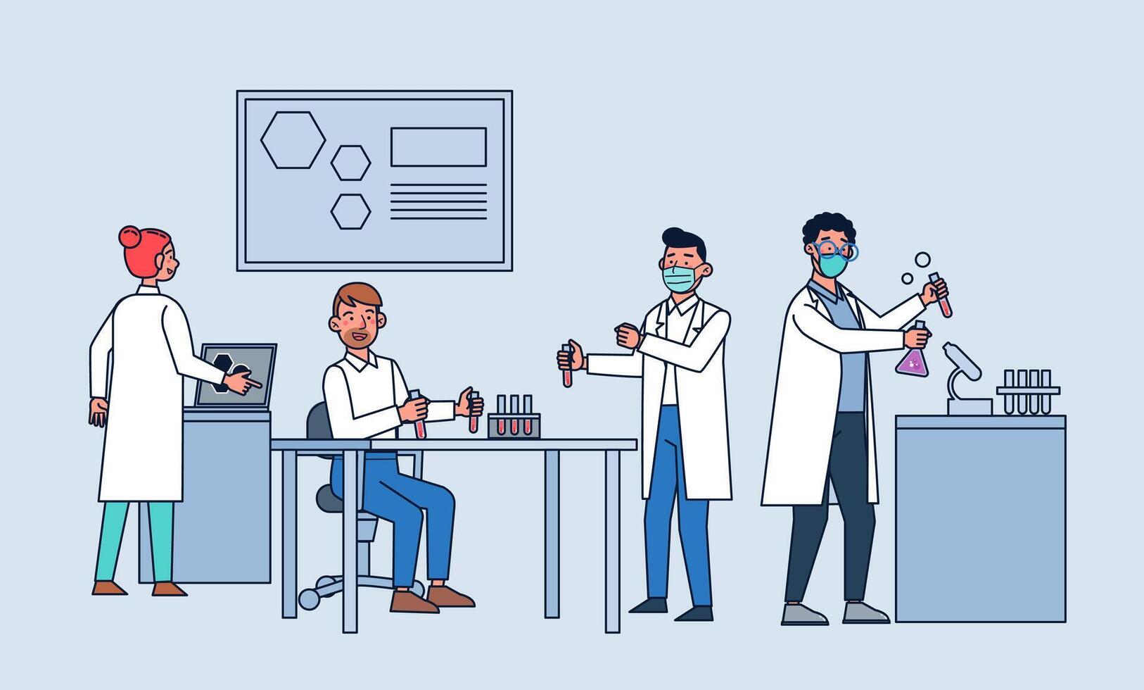 laboratorio de investigación científica. científicos profesionales investigadores químicos que trabajan con equipos de laboratorio. vector