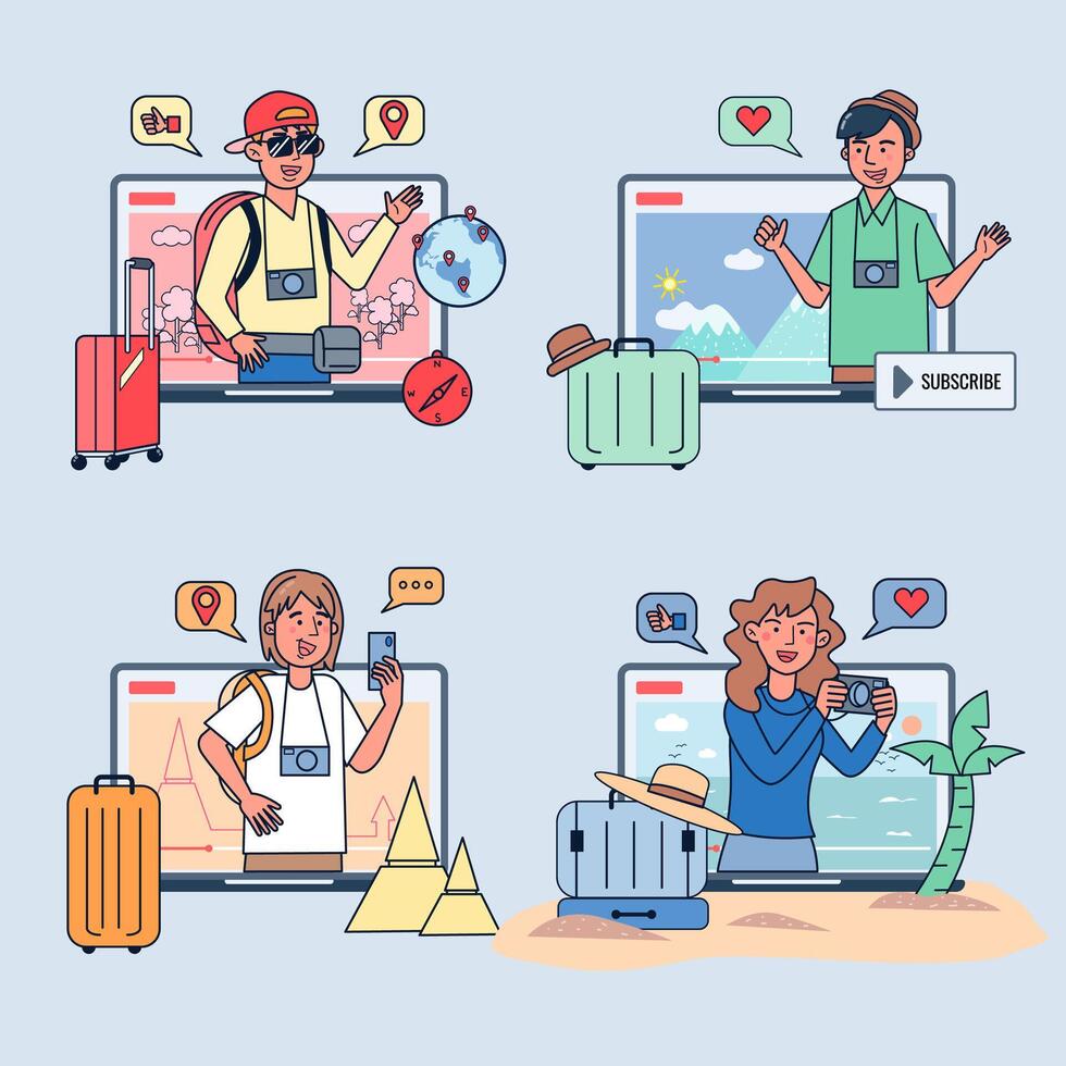 Blogger Review Concept Vetor. Creative famous influencer shooting vlogging occupation. Travel channel. vector