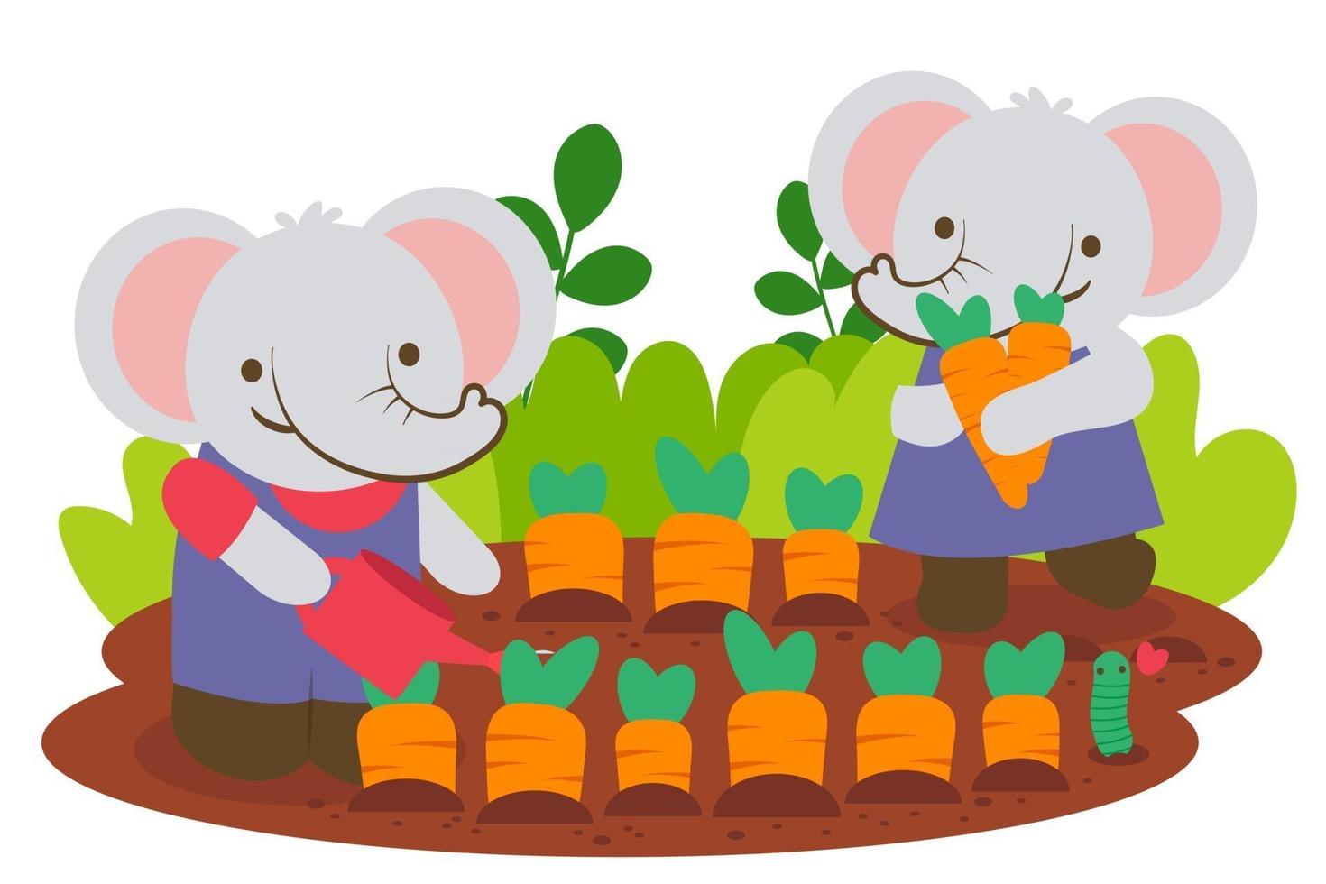 Elephant couple planting carrot together vector
