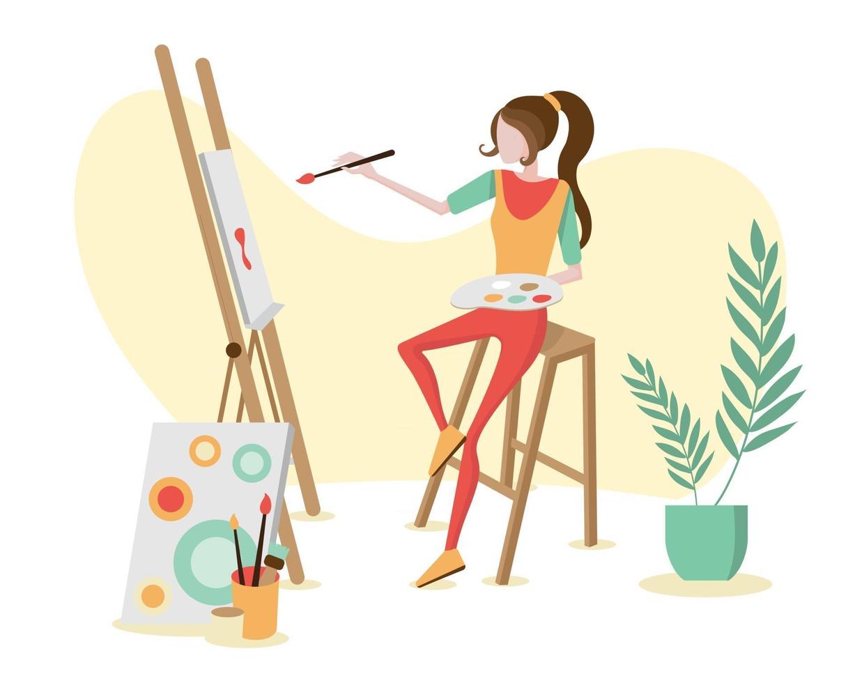 Artist painting on canvas in studio. Vector illustration for painting, drawing, art school, community concept.