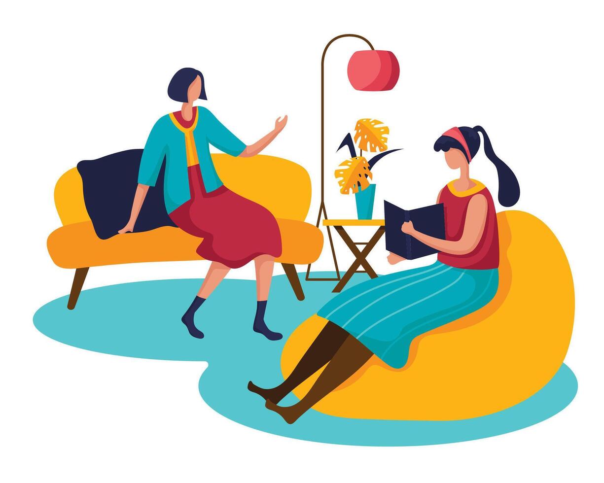 The young woman and her best friend sat in a chair talking about the finished book. vector