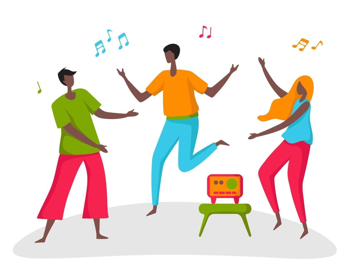A group of young men and women dance to the sounds of the radio in the park. vector