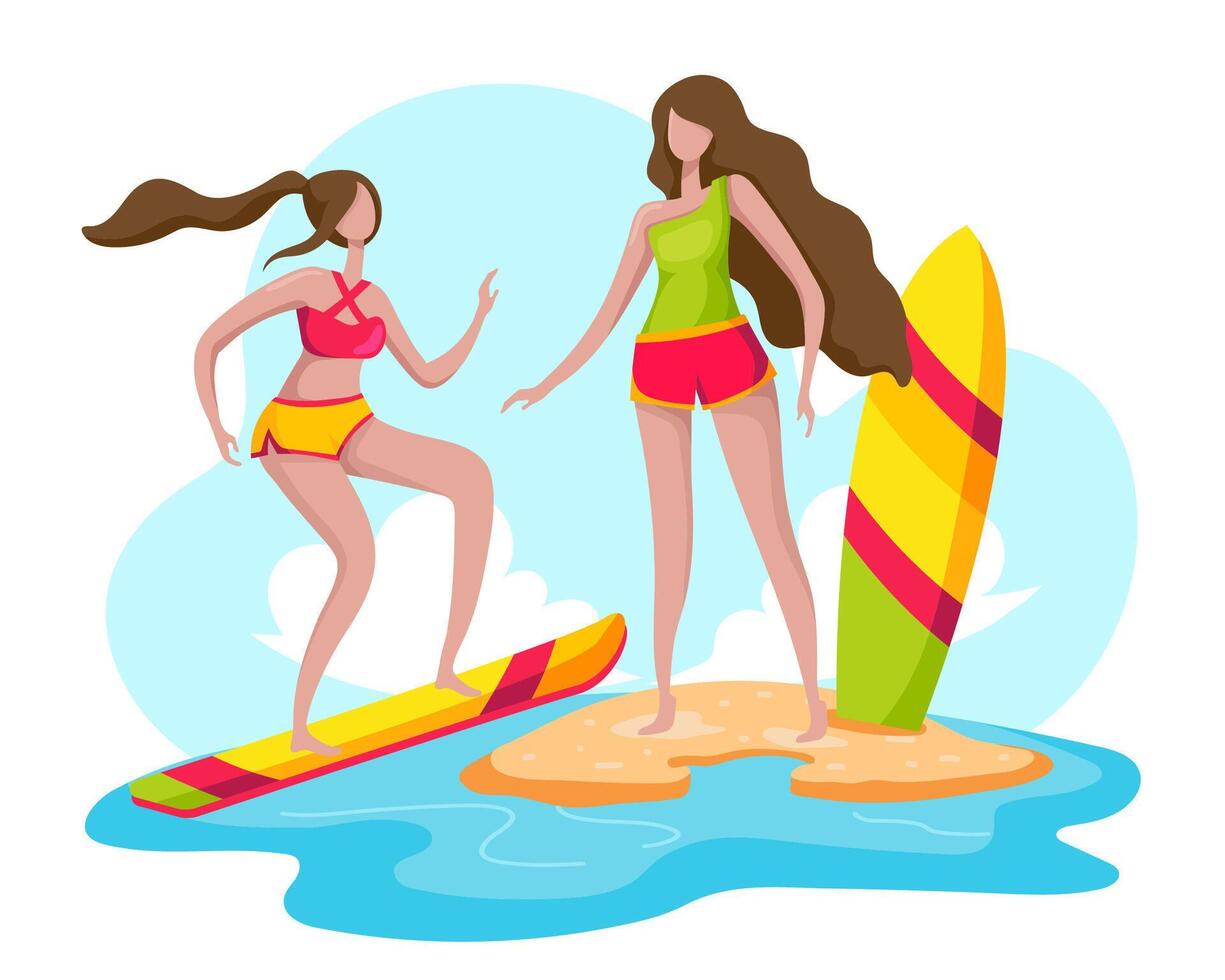 A young woman and her friend on vacation arrived at the beach and prepared for a dip in the sea. She chose to play a surfboard. vector