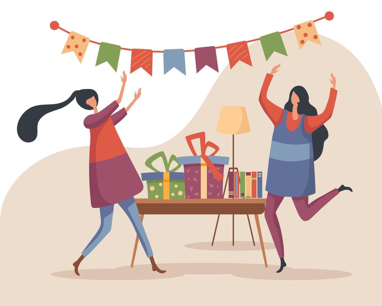 2 girls have fun at a house party that is decorated with beautiful flags and they exchange gifts vector