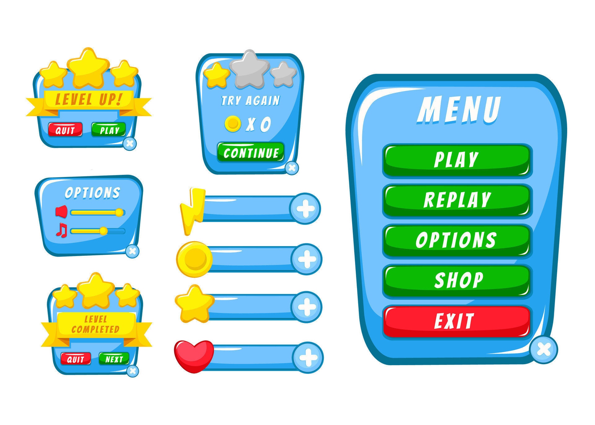 Free Vector  Complete set of menu button game pop-up, icon