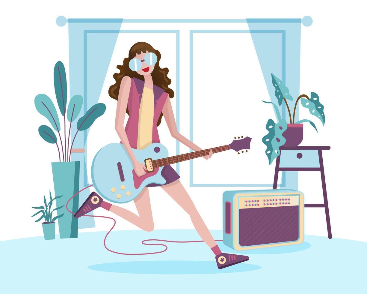 Young musicians play the guitar happily at home parties. vector