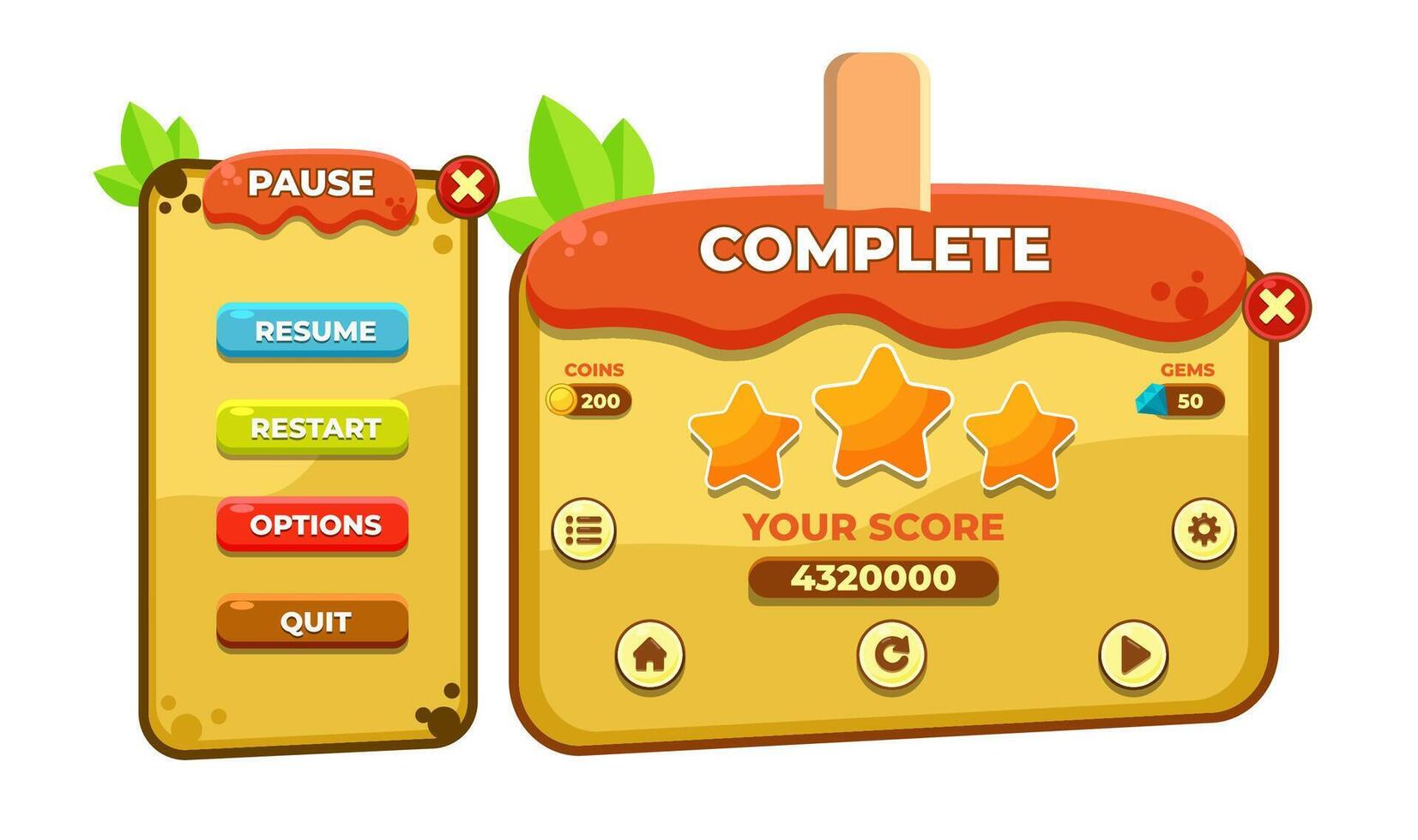 Complete set of level button game pop-up, icon, window and elements for creating medieval RPG video games vector