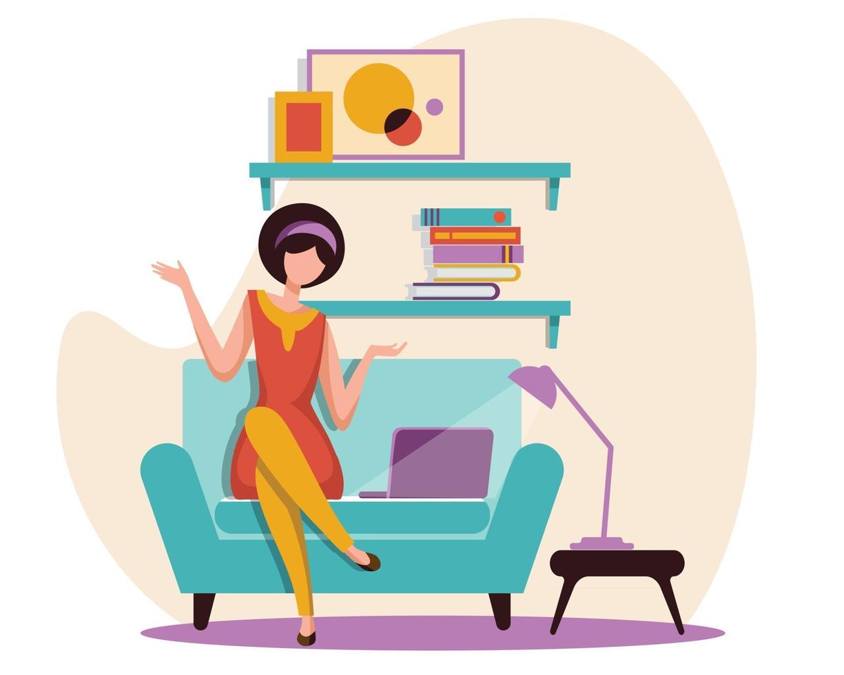 Ilustración de una mujer sentada en el sofá y comunicada charlando en línea con la oficina central vector