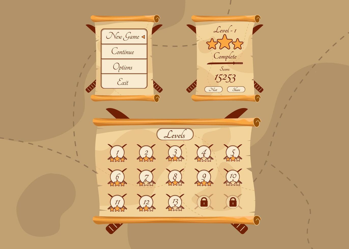 Free Vector  Complete set of menu button game pop-up, icon