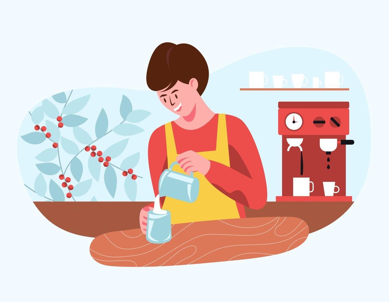 Barista preparing coffee lattes for customers who come to buy coffee. vector