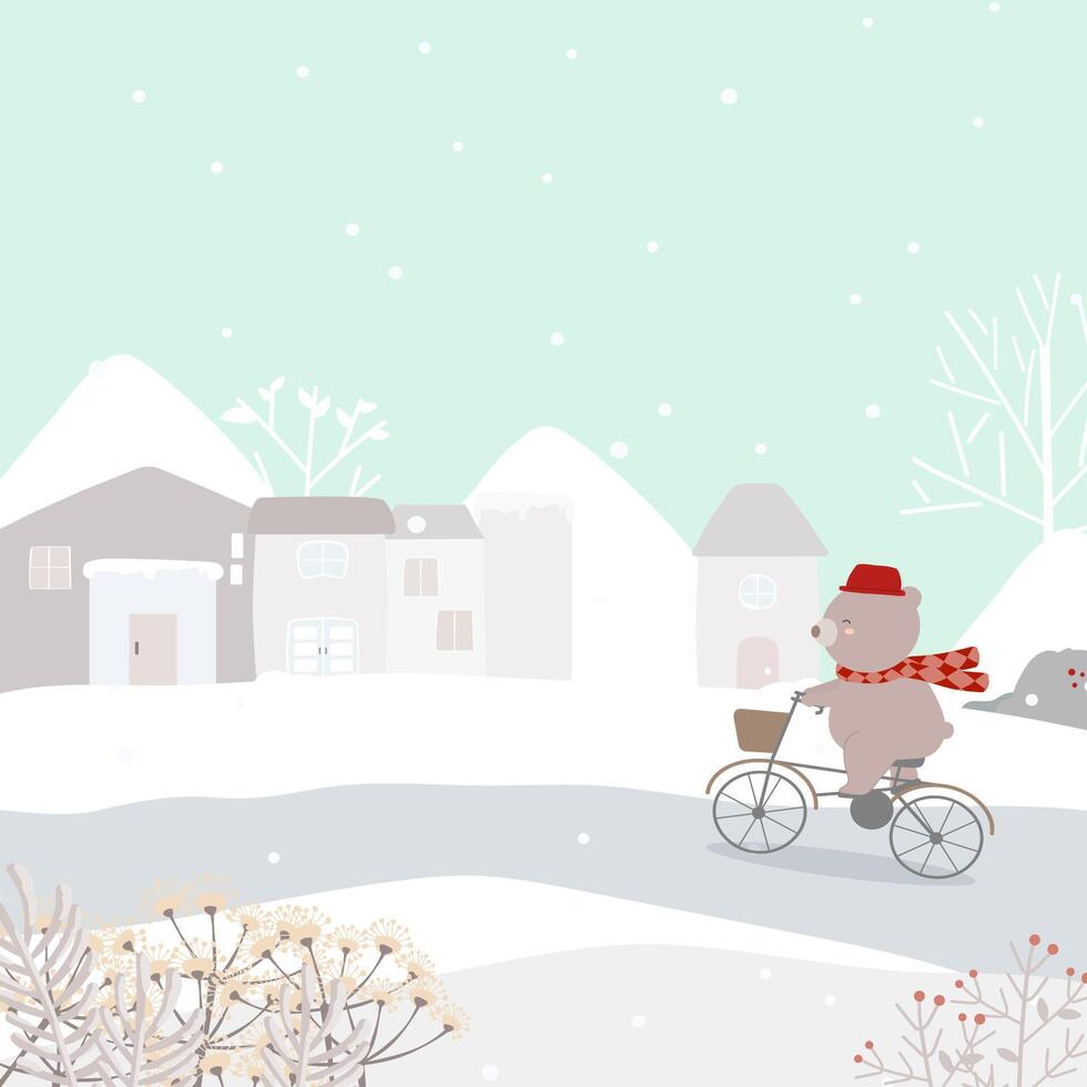 Vector of the last winter with a house covered with snow and a bear riding a bicycle