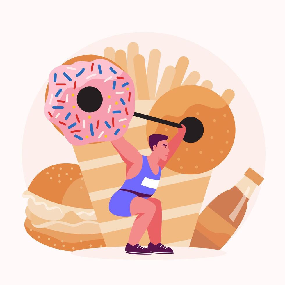 Men do weight training to burn calories from food and snacks vector