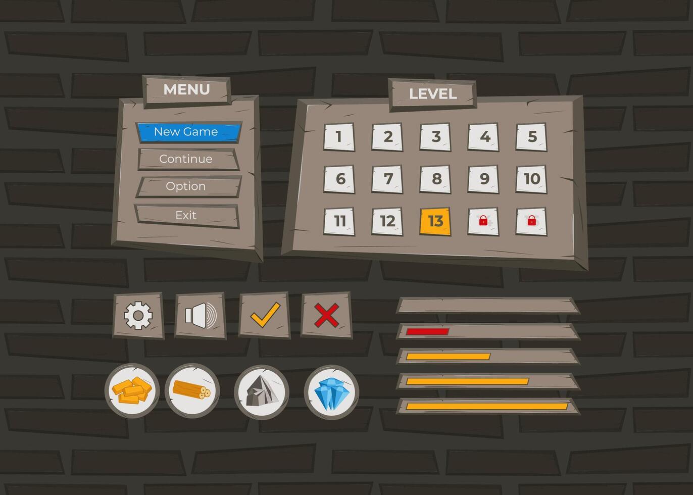 Complete set of level button game pop-up, icon, window and elements for creating medieval RPG video games vector