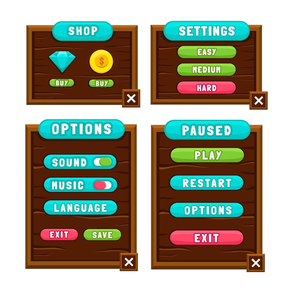 Complete set of level button game pop-up, icon, window and elements for creating medieval RPG video games vector