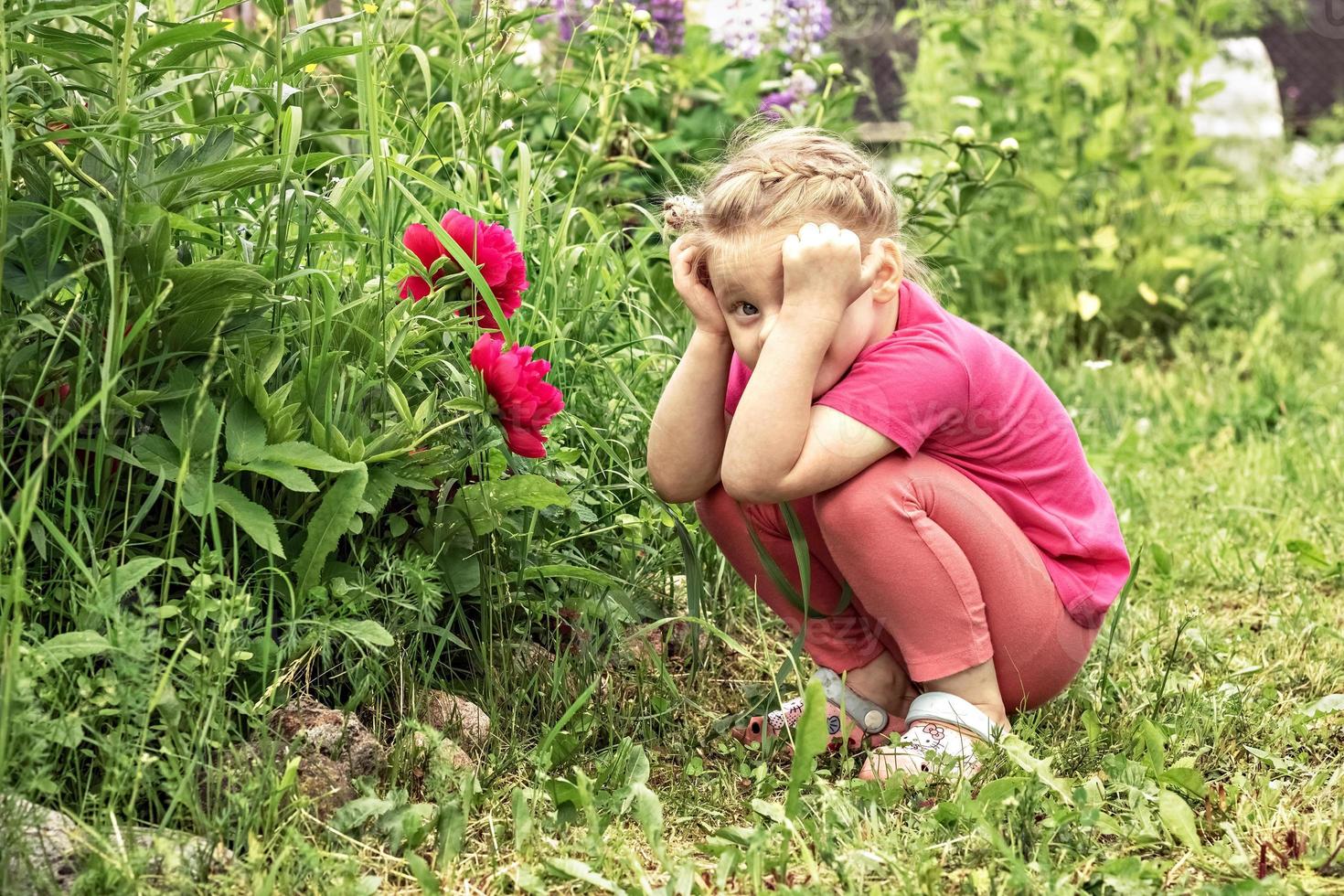 A little girl holding her head in thought, sitting by a flower bed in the garden of pink peonies photo