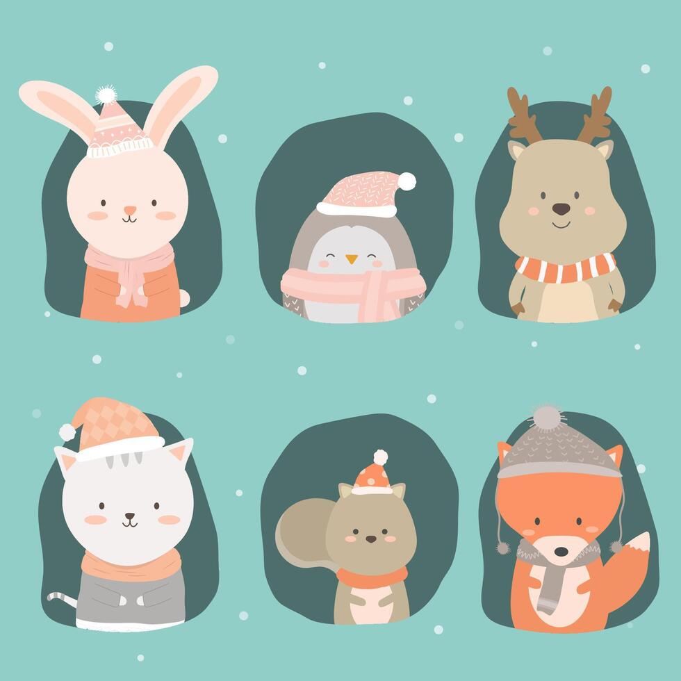 personaje de colección de animal lindo con gatos, zorros, conejos, ciervos y pingüinos vector