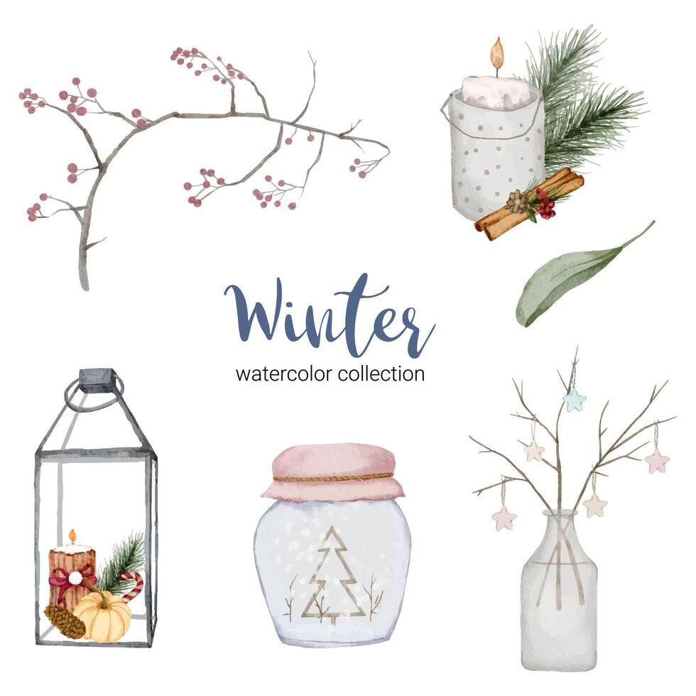 Winter watercolor collection with branches, leaves and jars. vector