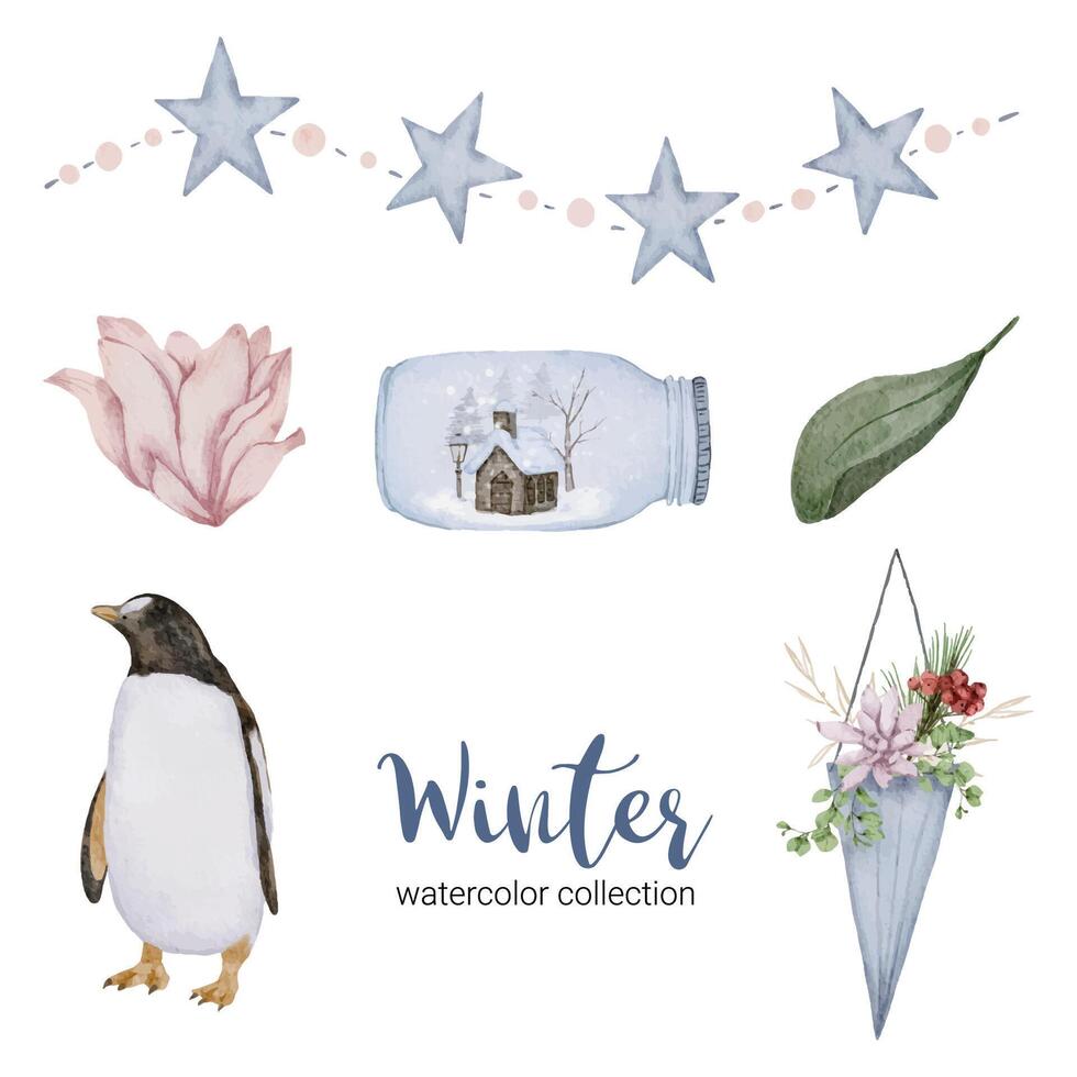 Winter watercolor collection featuring leaves, penguin flowers and jars. vector