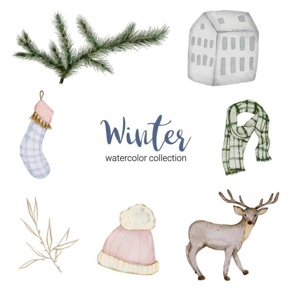 winter watercolor collection with items for home use and deer vector