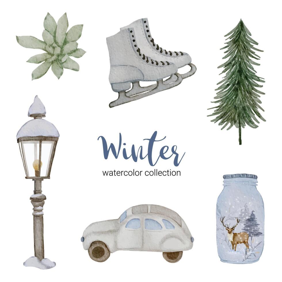 winter watercolor collection with items for home use. vector