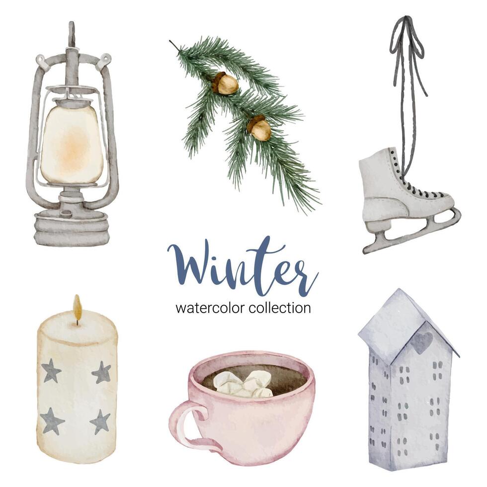 winter watercolor collection with items for home use. vector