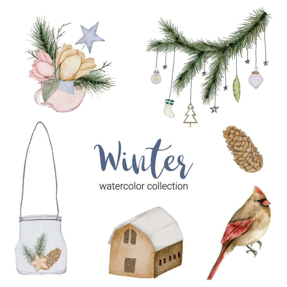 Winter watercolor collection featuring a bouquet of flowers, twigs, dried pine cones, houses and birds. vector