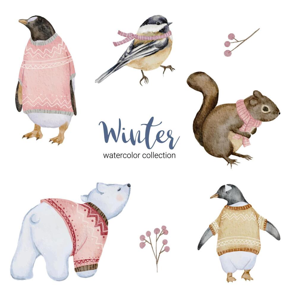 winter watercolor collection with penguin, squirrel, white bear and bird vector
