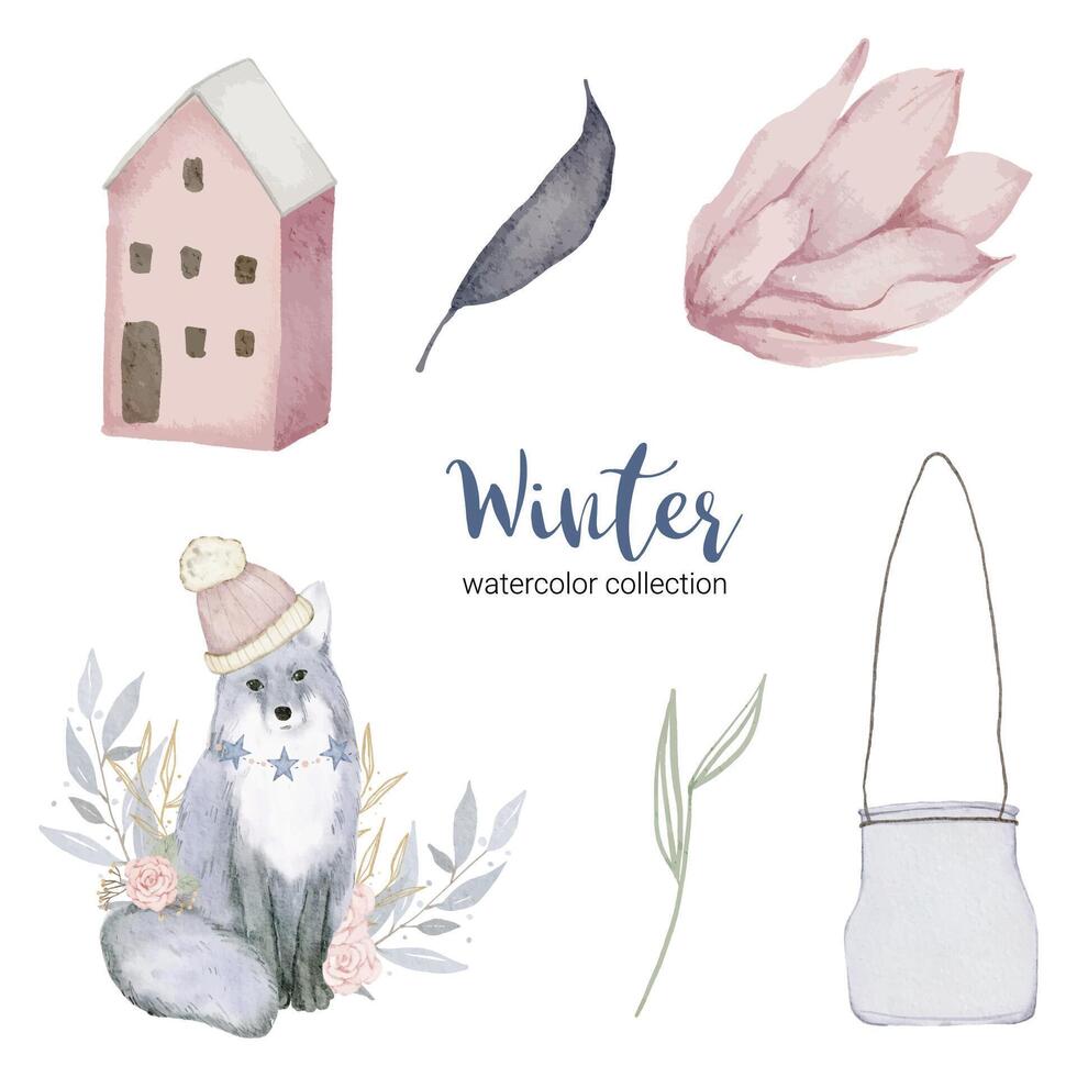 winter watercolor collection with items for home use. vector