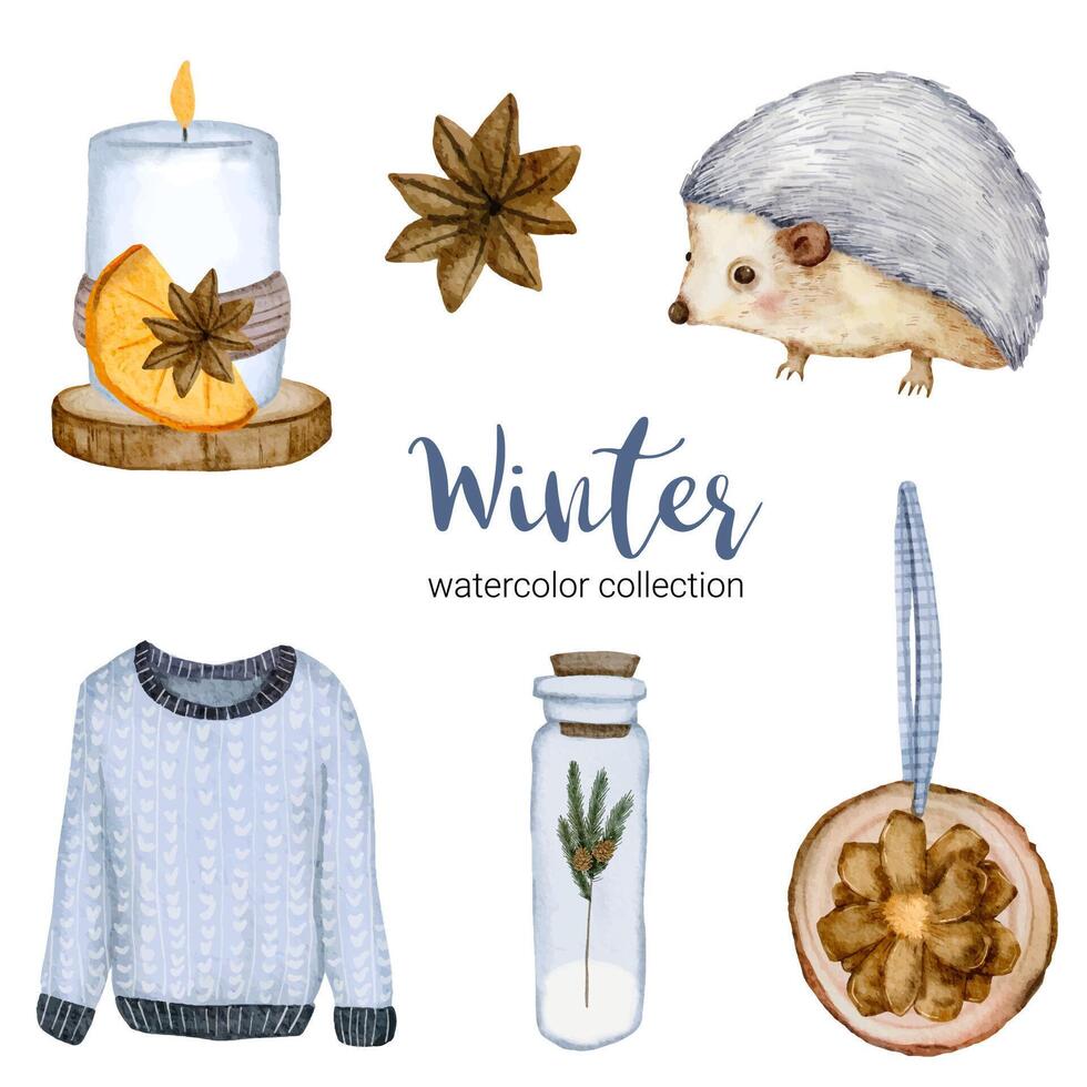 Winter watercolor collection with long sleeves, jars, candles and hedgehogs. vector