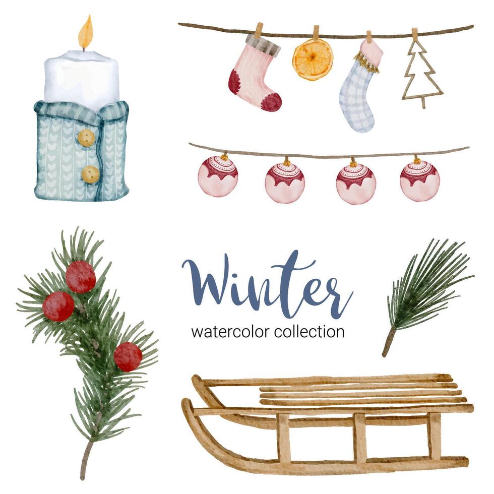 winter watercolor collection with items for home use vector