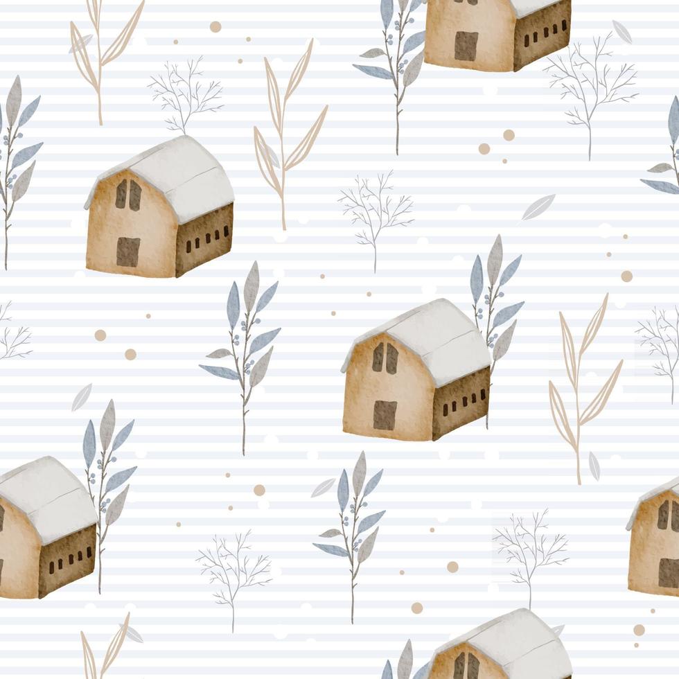 seamless pattern with winter watercolor home and leaves vector