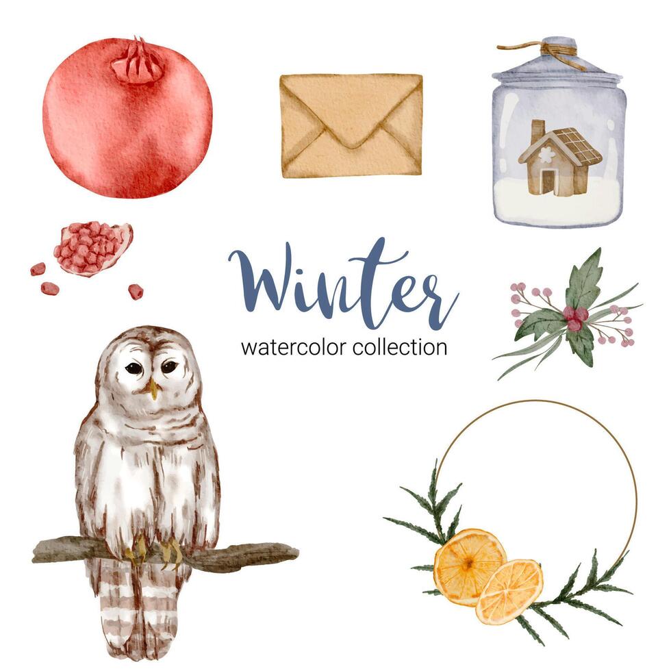 winter watercolor collection with items for home use. vector