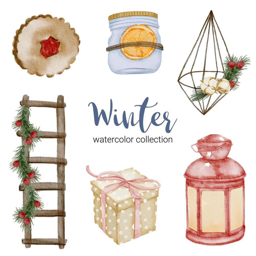 winter watercolor collection with items for home use vector