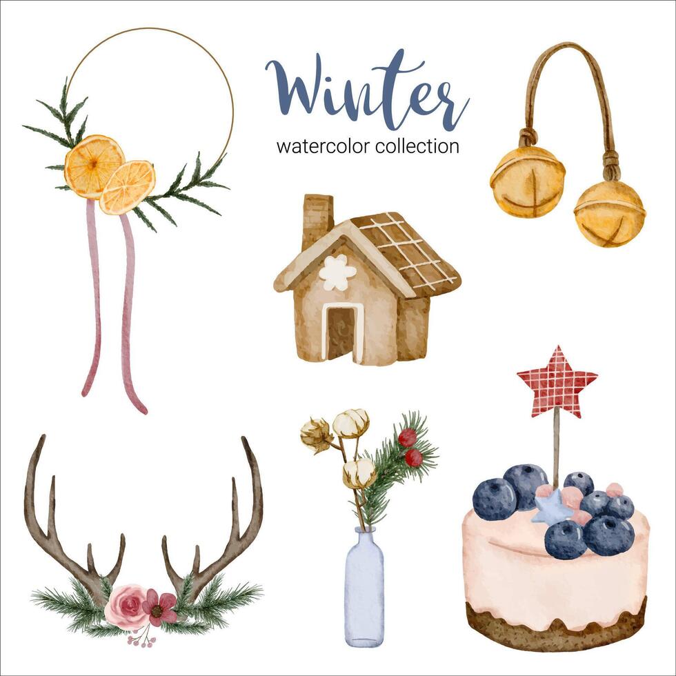 winter watercolor collection with items for home use. vector