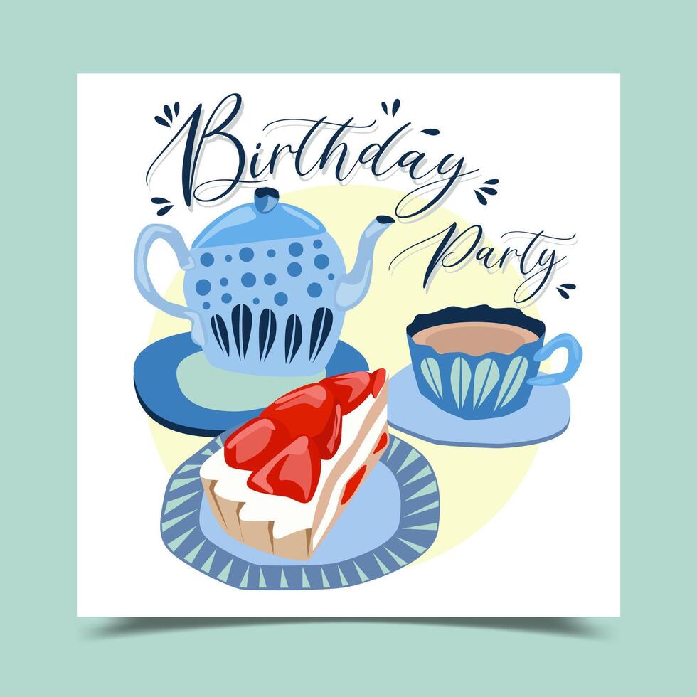 Happy birthday decorated with cake, mug and coffee mug. vector