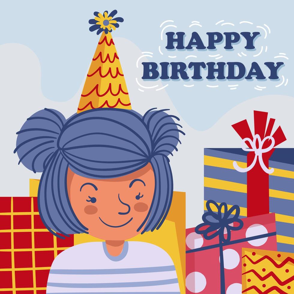 Tarjeta de felicitación de cumpleaños decorada con niña y caja de regalo. vector