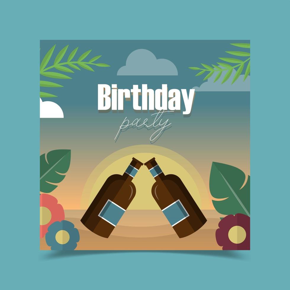 Birthday greeting card decorated with wine bottle, leaves, flowers and moon background. vector