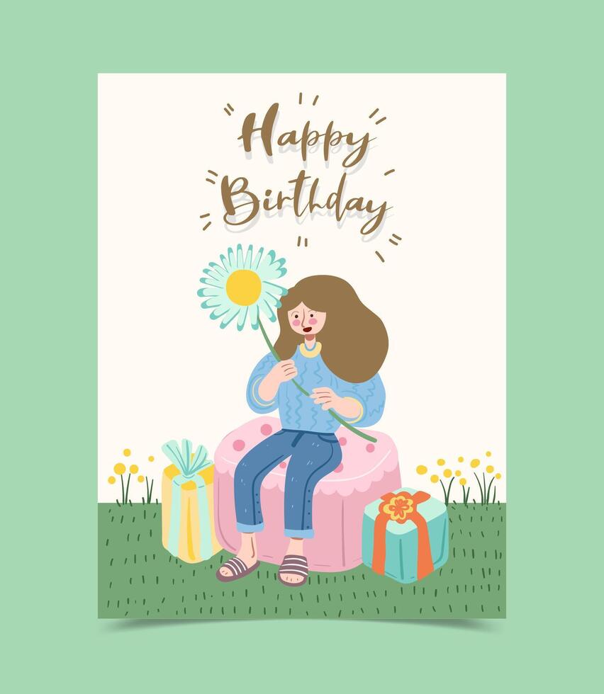 Tarjeta de felicitación de feliz cumpleaños decorada con niña y caja de regalo. vector