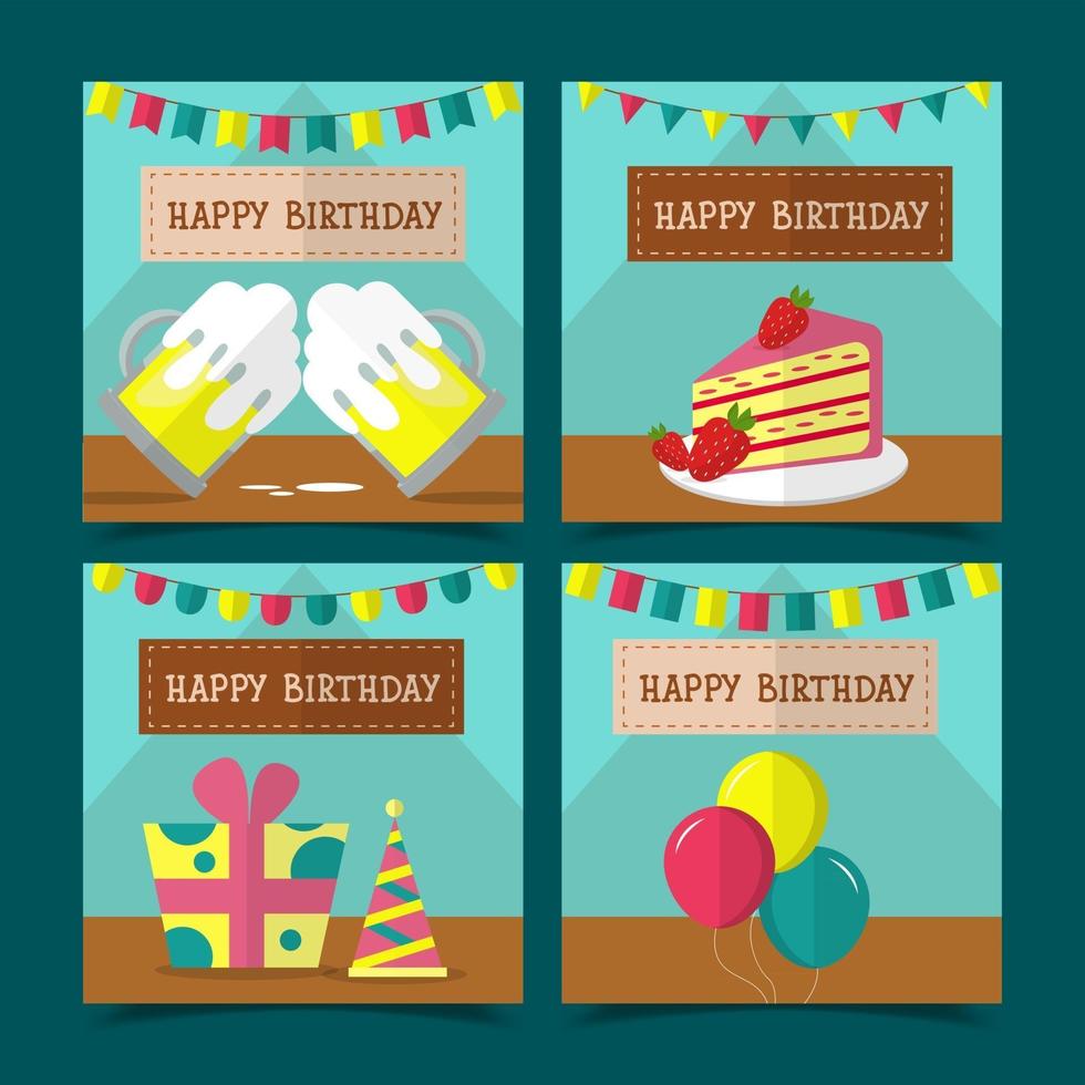 Happy birthday card set, cake decorations, gift boxes, wine glasses and balloons vector
