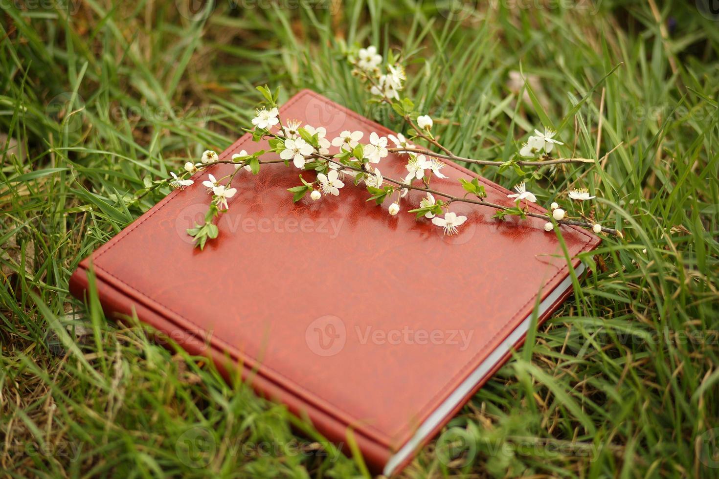 libro de fotos sobre la hierba. un fotolibro de cuero sobre una hierba con una rama de cerezo en flor