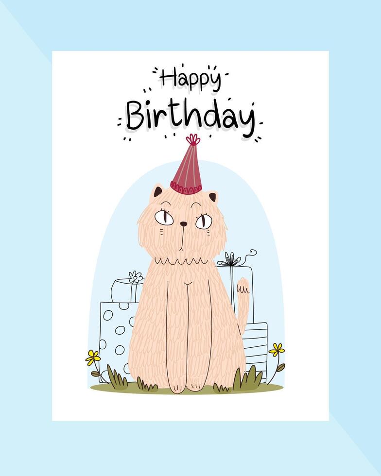 tarjeta de cumpleaños decorada con gatos sentados en la hierba vector