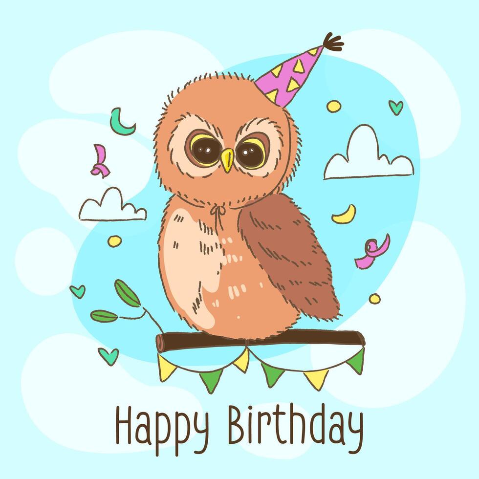 tarjeta de felicitación de cumpleaños feliz decorada con búho vector