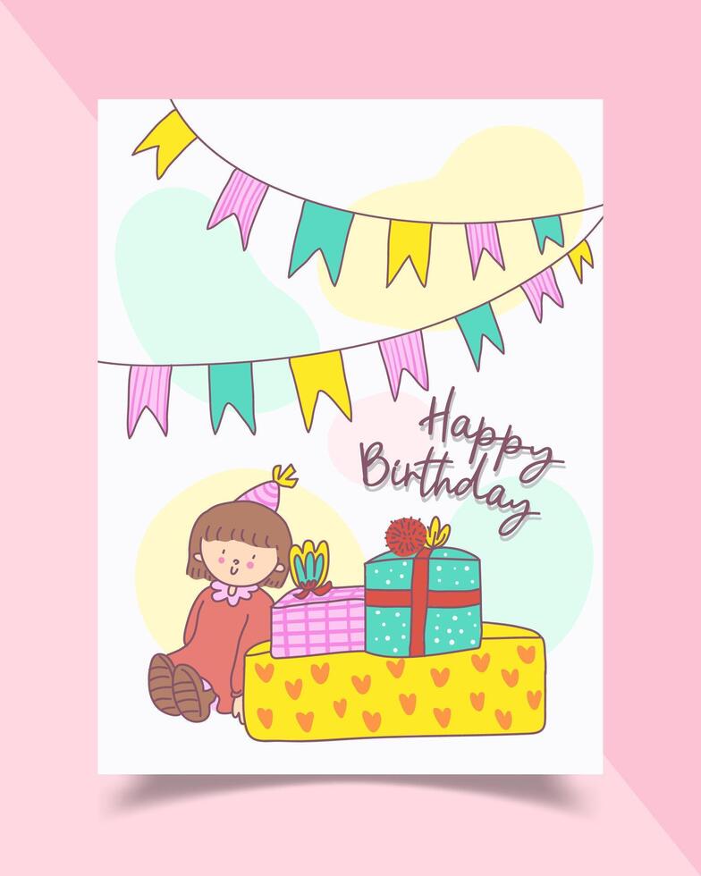 Tarjeta de felicitación de cumpleaños decorada con niña y caja de regalo. vector