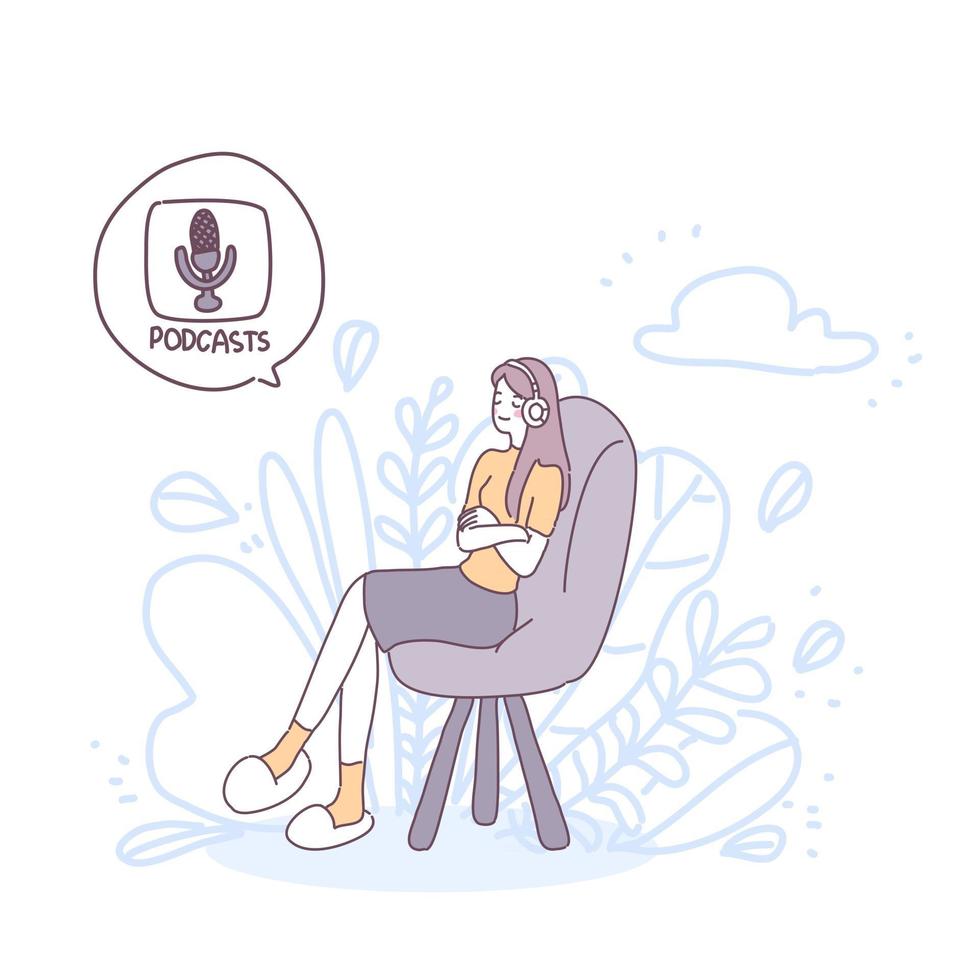 A girl sitting on the sofa and using a podcast vector