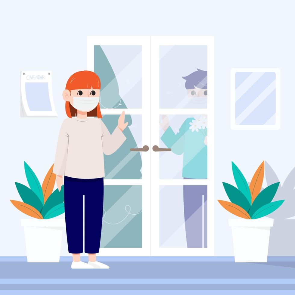 A woman with a mask talking to a man between the door. vector