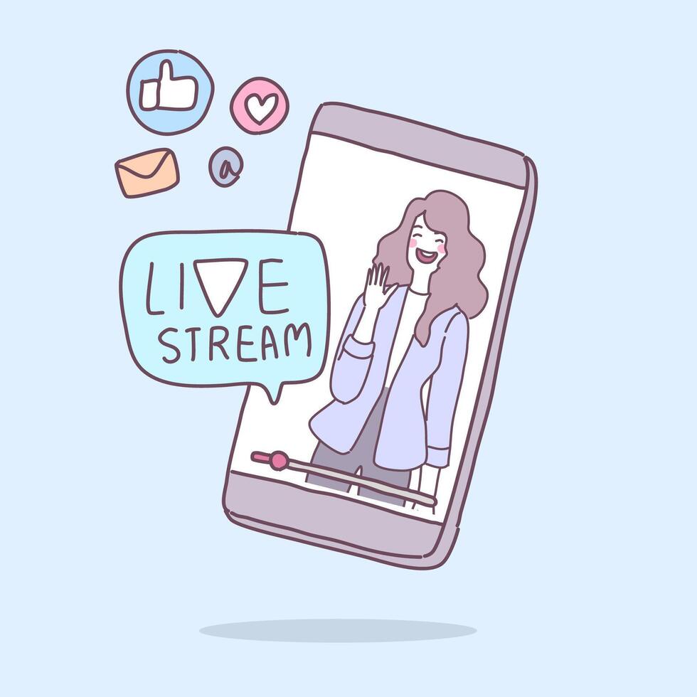 A young lady conducts a live broadcast via a smartphone. vector