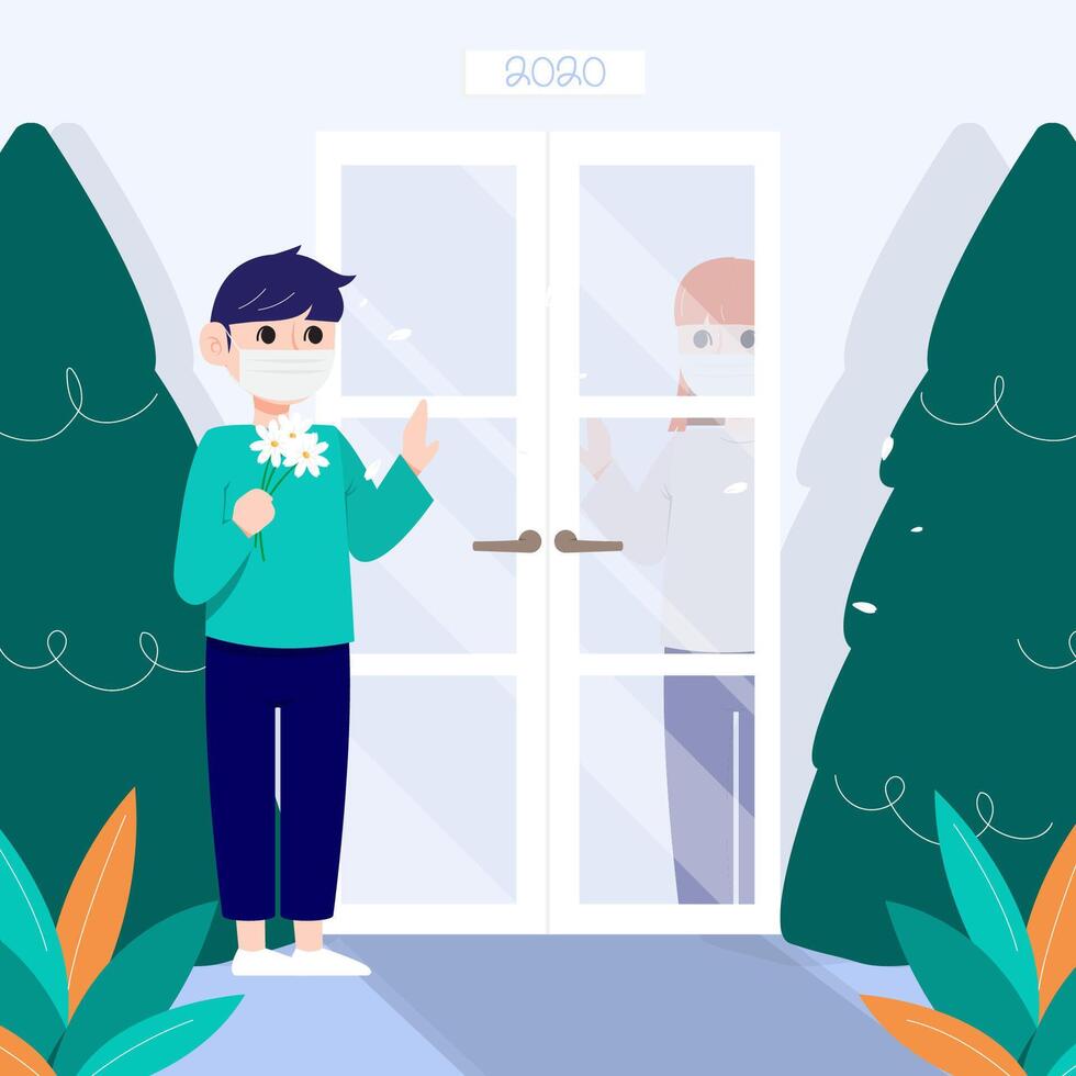 A man with a mask talking to a woman is between the door. vector